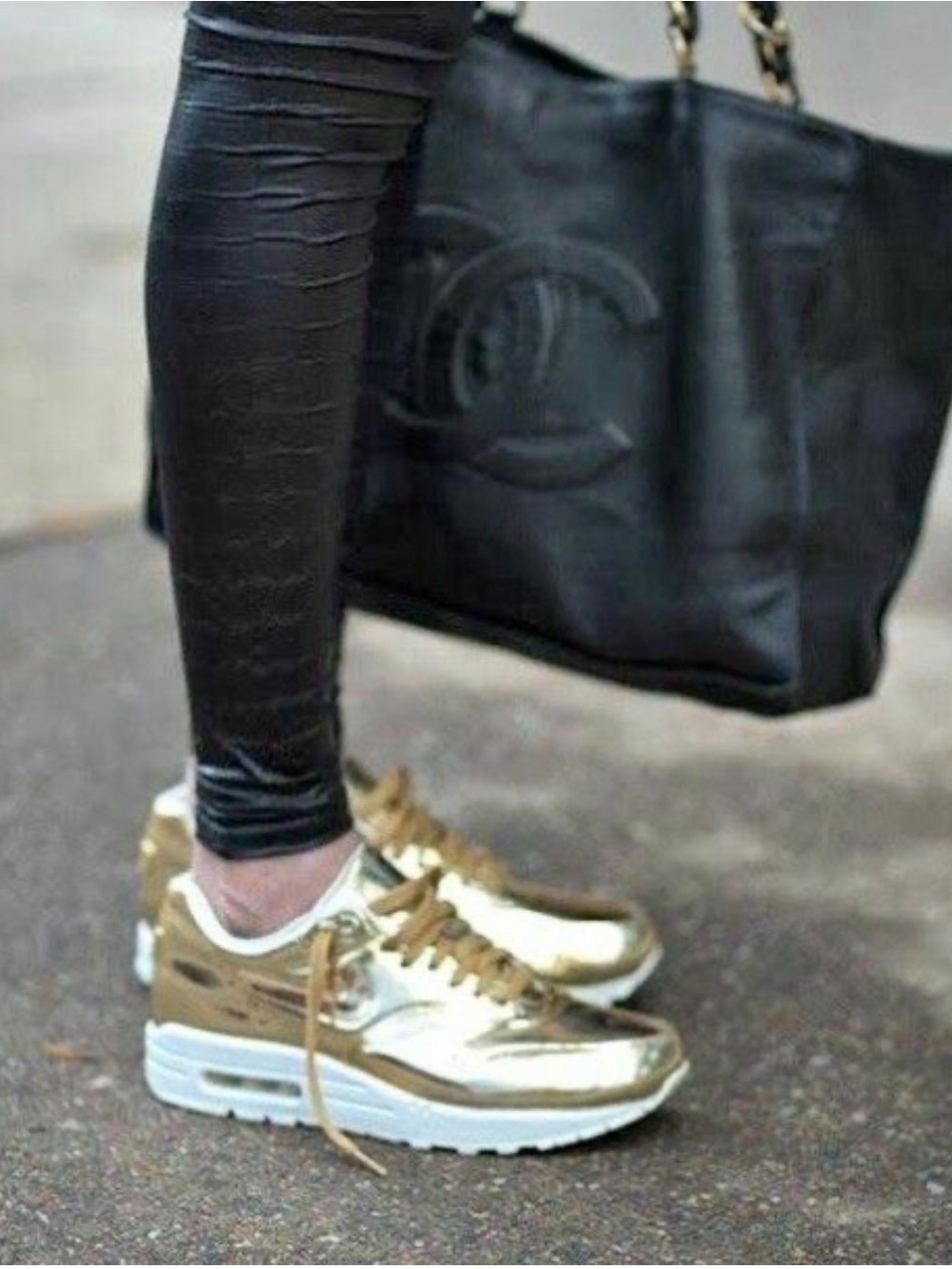 Nike Metallic Gold Sneakers with Black Leggings